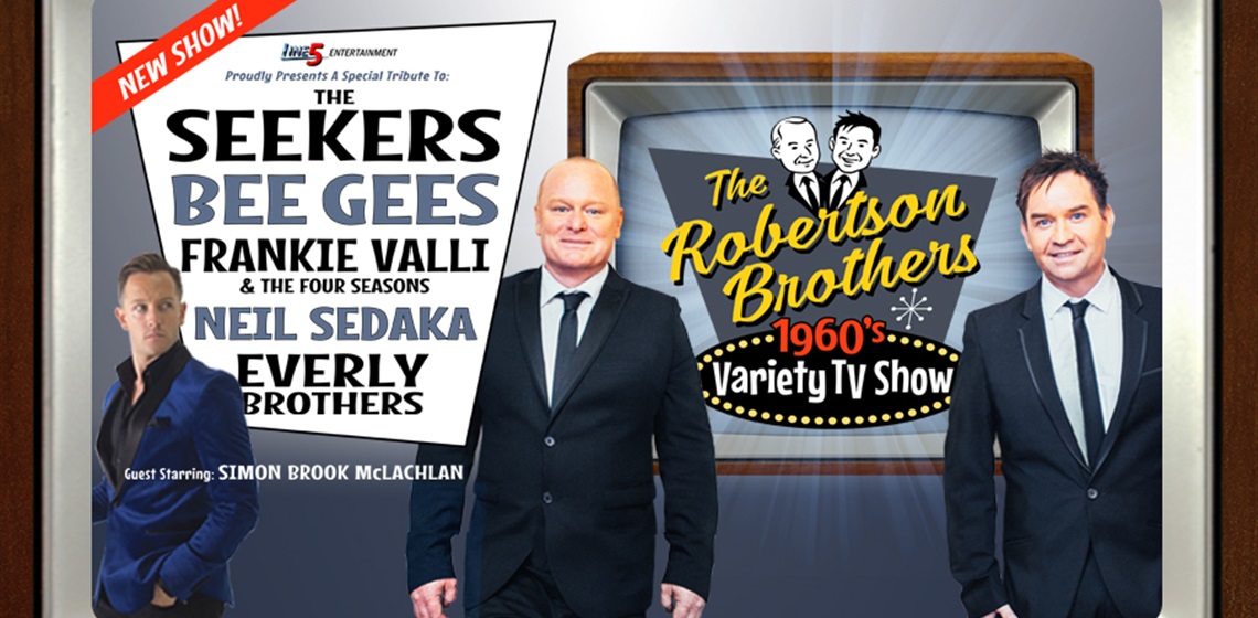 Image of The Robertson Brothers and Simon Brook McLachlan standing in front of a vintage television set with the name of the show on the screen