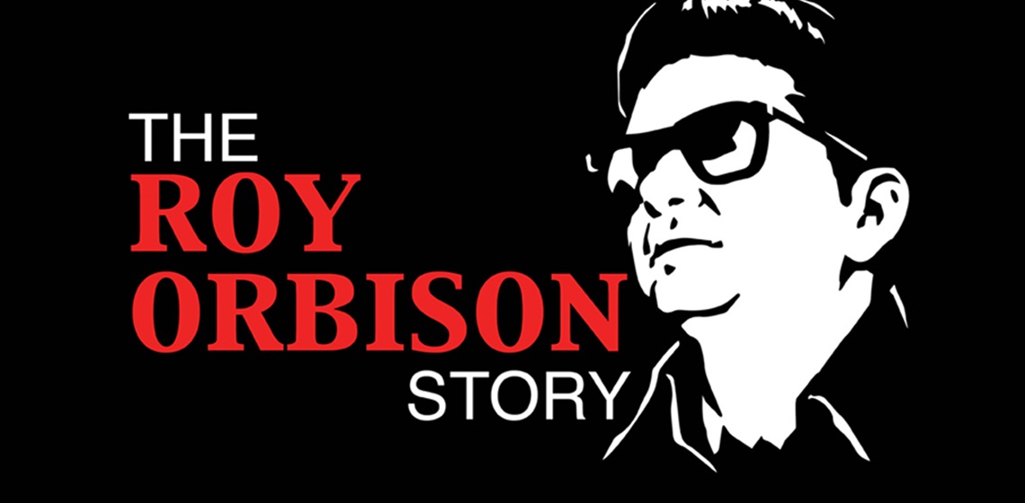 Black and white illustration of Roy Orbison with the title of the show in red on the left hand side